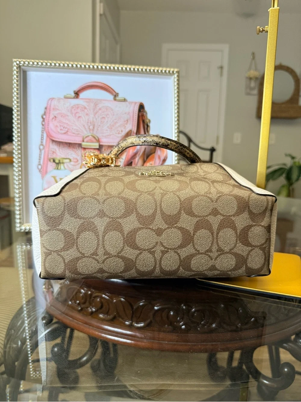 Coach Brown Signature Canvas Satchel with Cream Leather and Gold Hardware